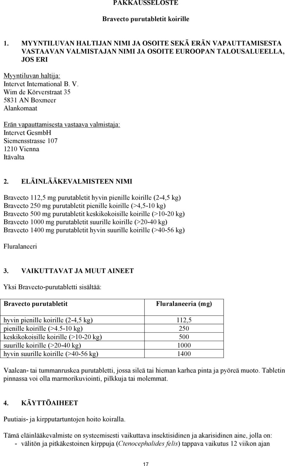 ELÄINLÄÄKEVALMISTEEN NIMI Bravecto 112,5 mg purutabletit hyvin pienille koirille (2-4,5 kg) Bravecto 250 mg purutabletit pienille koirille (>4,5-10 kg) Bravecto 500 mg purutabletit keskikokoisille