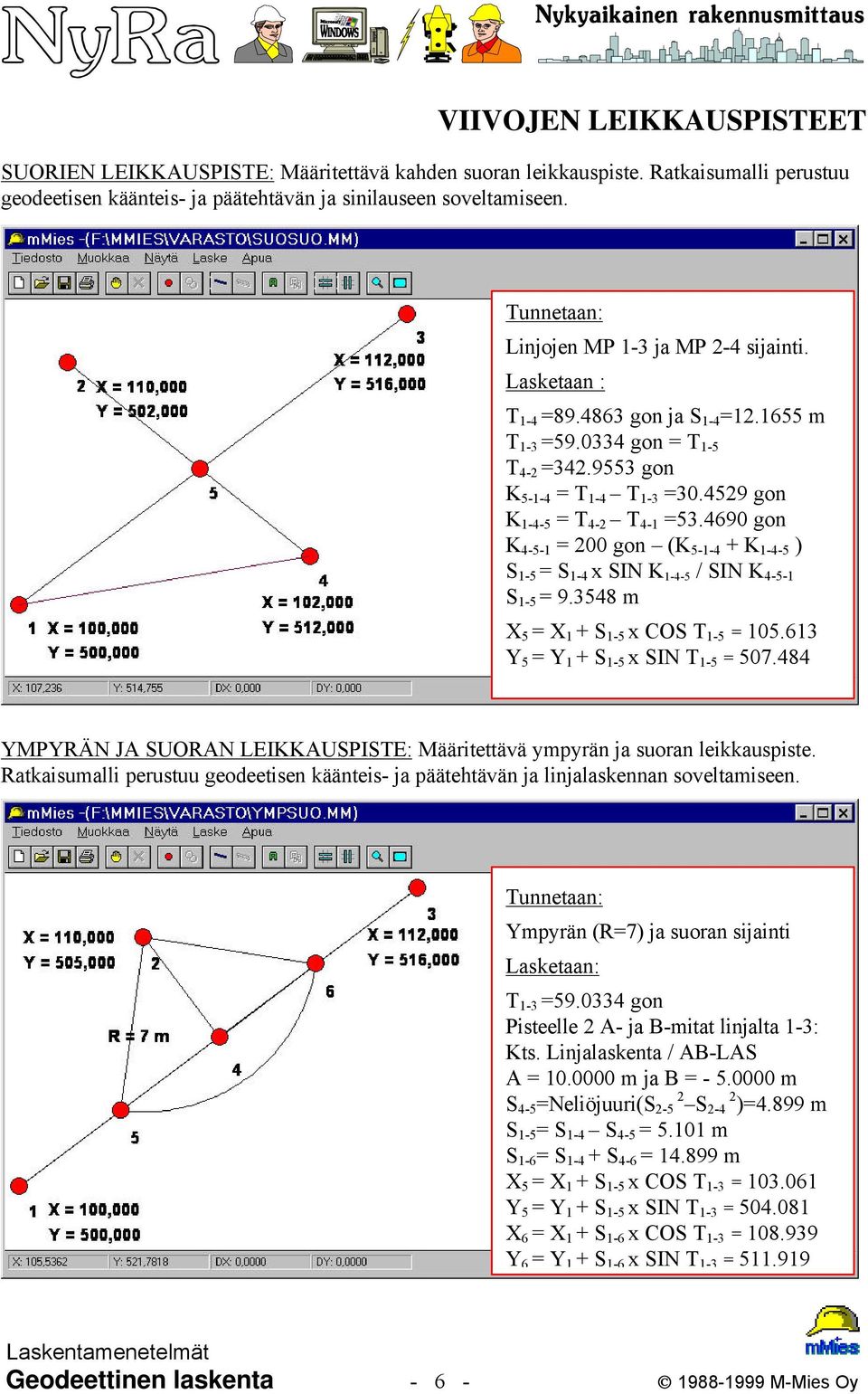 4690 gon K 4-5-1 = 200 gon (K 5-1-4 + K 1-4-5 ) S 1-5 = S 1-4 x SIN K 1-4-5 / SIN K 4-5-1 S 1-5 = 9.3548 m X 5 = X 1 + S 1-5 x COS T 1-5 = 105.613 Y 5 = Y 1 + S 1-5 x SIN T 1-5 = 507.