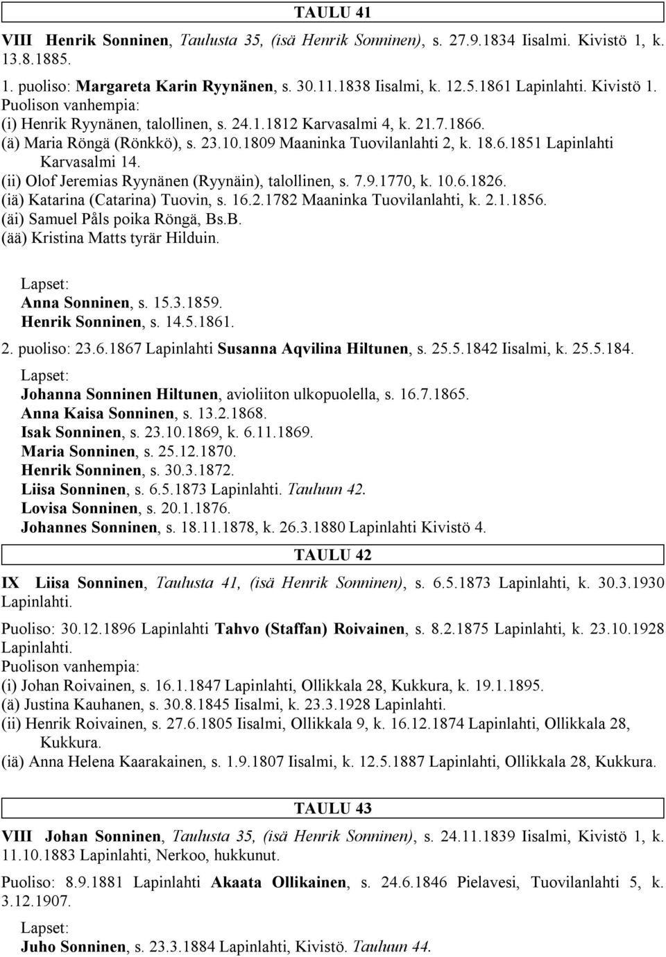 (ii) Olof Jeremias Ryynänen (Ryynäin), talollinen, s. 7.9.1770, k. 10.6.1826. (iä) Katarina (Catarina) Tuovin, s. 16.2.1782 Maaninka Tuovilanlahti, k. 2.1.1856. (äi) Samuel Påls poika Röngä, Bs