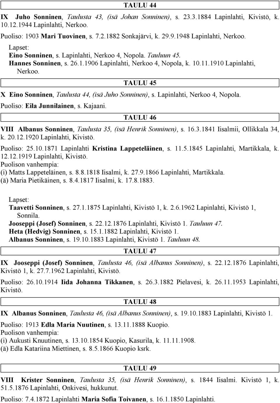 TAULU 45 X Eino Sonninen, Taulusta 44, (isä Juho Sonninen), s. Lapinlahti, Nerkoo 4, Nopola. Puoliso: Eila Junnilainen, s. Kajaani.