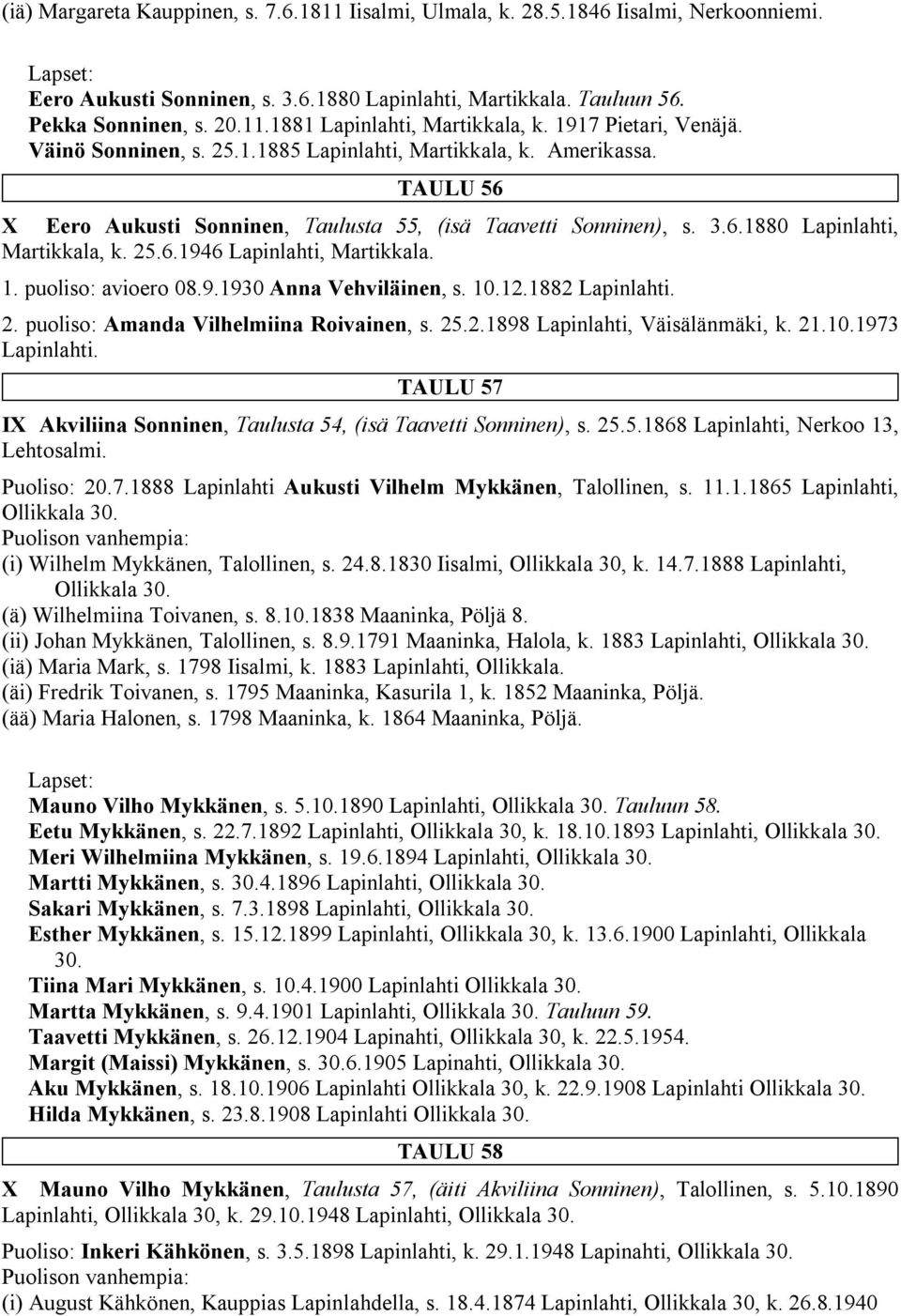 25.6.1946 Lapinlahti, Martikkala. 1. puoliso: avioero 08.9.1930 Anna Vehviläinen, s. 10.12.1882 Lapinlahti. 2. puoliso: Amanda Vilhelmiina Roivainen, s. 25.2.1898 Lapinlahti, Väisälänmäki, k. 21.10.1973 Lapinlahti.