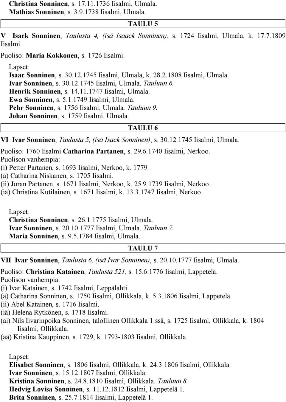 11.1747 Iisalmi, Ulmala. Ewa Sonninen, s. 5.1.1749 Iisalmi, Ulmala. Pehr Sonninen, s. 1756 Iisalmi, Ulmala. Tauluun 9. Johan Sonninen, s. 1759 Iisalmi. Ulmala. TAULU 6 VI Ivar Sonninen, Taulusta 5, (isä Isack Sonninen), s.