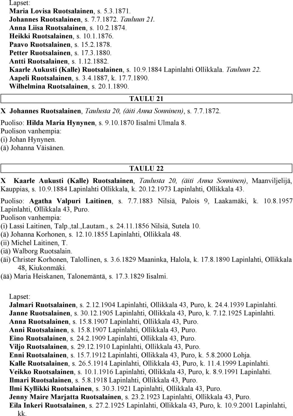 Wilhelmina Ruotsalainen, s. 20.1.1890. TAULU 21 X Johannes Ruotsalainen, Taulusta 20, (äiti Anna Sonninen), s. 7.7.1872. Puoliso: Hilda Maria Hynynen, s. 9.10.1870 Iisalmi Ulmala 8. (i) Johan Hynynen.