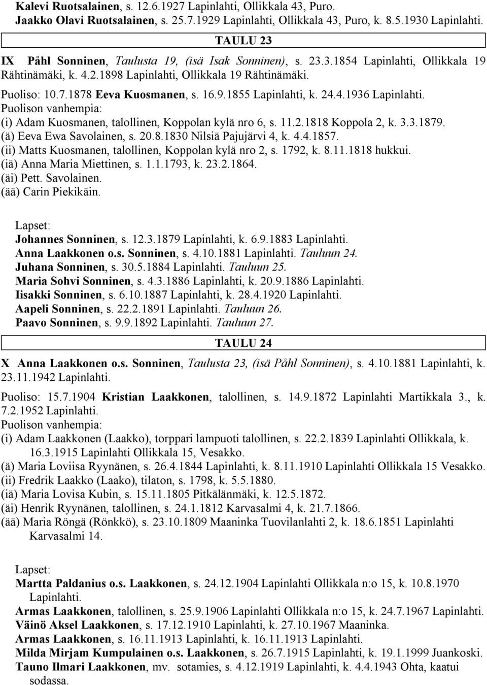 16.9.1855 Lapinlahti, k. 24.4.1936 Lapinlahti. (i) Adam Kuosmanen, talollinen, Koppolan kylä nro 6, s. 11.2.1818 Koppola 2, k. 3.3.1879. (ä) Eeva Ewa Savolainen, s. 20.8.1830 Nilsiä Pajujärvi 4, k. 4.4.1857.