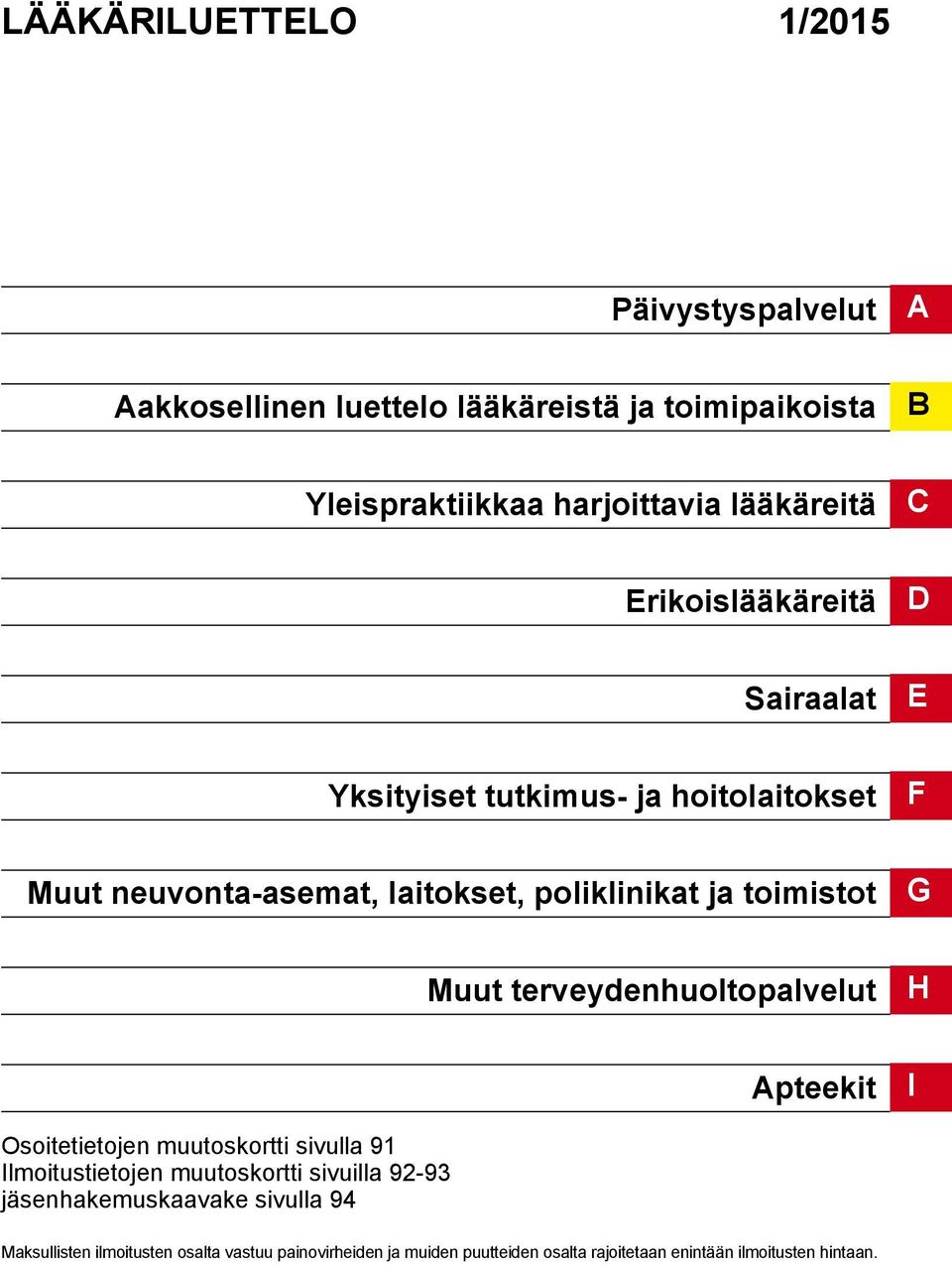 toimistot G Muut terveydenhuoltopalvelut H Apteekit I Osoitetietojen muutoskortti sivulla 91 Ilmoitustietojen muutoskortti sivuilla 92-93