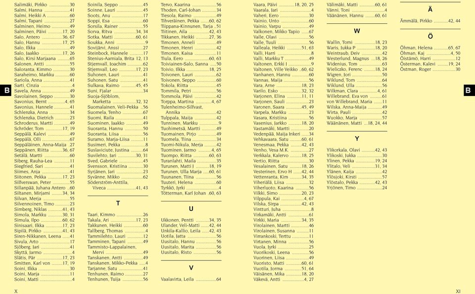 ..4, 65 Savonius, Hannele...41 Schlenzka, Anna...34 Schlenzka, ietrich...23 Schroderus, Martti...49 Schröder, Tom...17, 19 Seppälä, Kalevi...49 Seppälä, Olli...67 Seppäläinen, Anna-Maija.