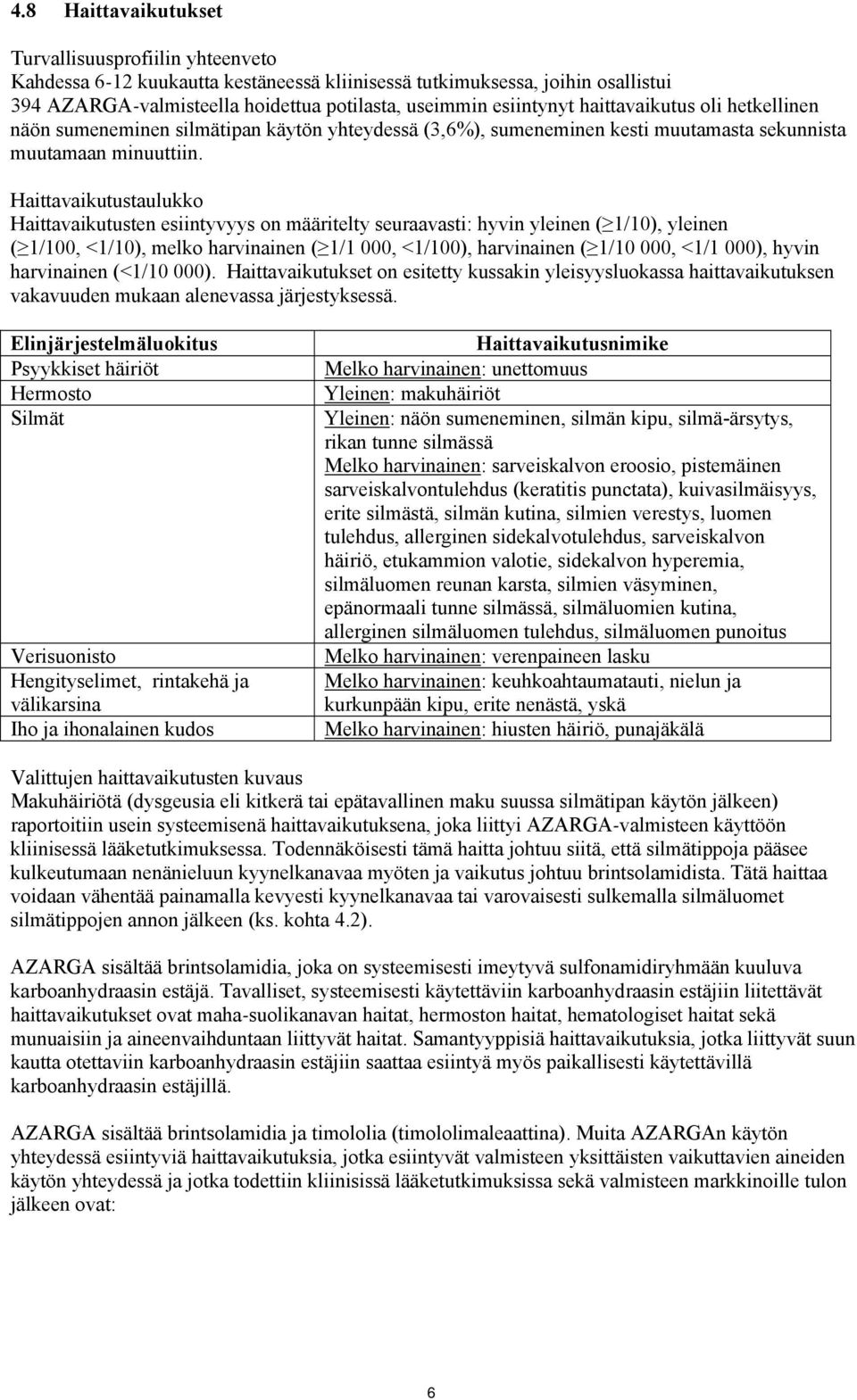 Haittavaikutustaulukko Haittavaikutusten esiintyvyys on määritelty seuraavasti: hyvin yleinen ( 1/10), yleinen ( 1/100, <1/10), melko harvinainen ( 1/1 000, <1/100), harvinainen ( 1/10 000, <1/1