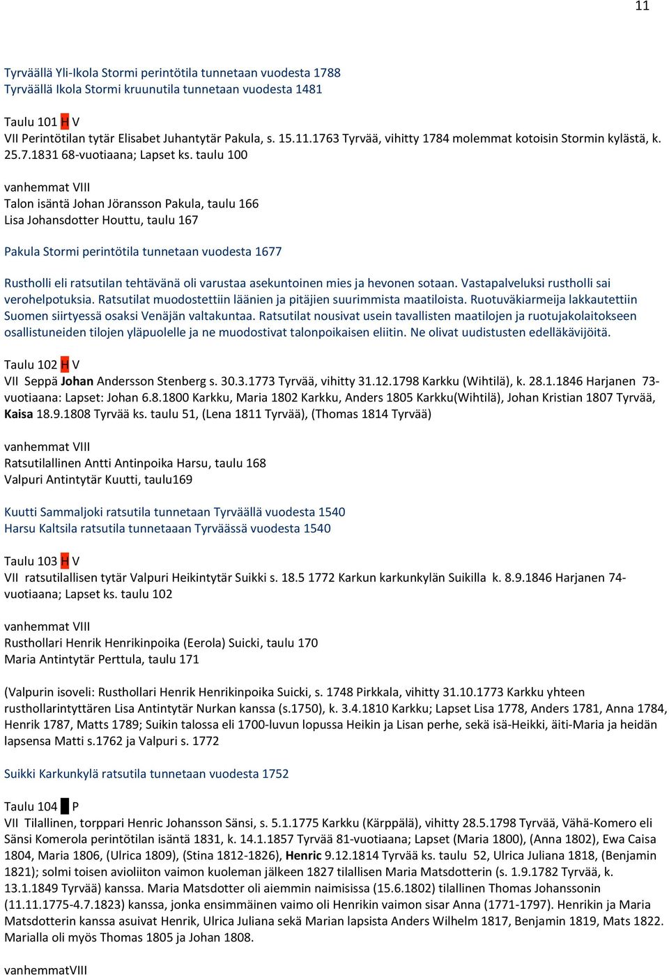 taulu 100 vanhemmat VIII Talon isäntä Johan Jöransson Pakula, taulu 166 Lisa Johansdotter Houttu, taulu 167 Pakula Stormi perintötila tunnetaan vuodesta 1677 Rustholli eli ratsutilan tehtävänä oli