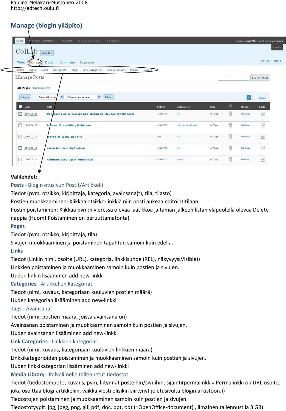 Poistaminen on peruuttamatonta) Pages Tiedot (pvm, otsikko, kirjoittaja, tila) Sivujen muokkaaminen ja poistaminen tapahtuu samoin kuin edellä.