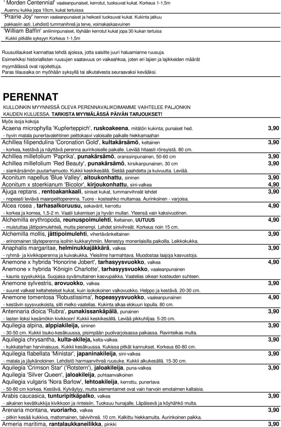 Lehdistö tummanihreä ja terve, voimakaskasvuinen 'William Baffin' aniliininpunaiset, löyhään kerrotut kukat jopa 30 kukan tertuisa Kukkii pitkälle syksyyn Korkeus 1-1,5m Ruusutilaukset kannattaa