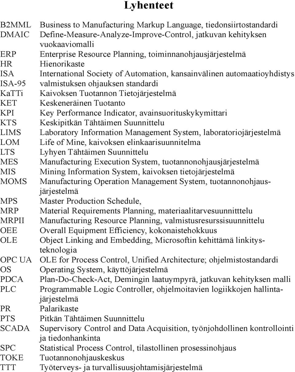 Tietojärjestelmä KET Keskeneräinen Tuotanto KPI Key Performance Indicator, avainsuorituskykymittari KTS Keskipitkän Tähtäimen Suunnittelu LIMS Laboratory Information Management System,