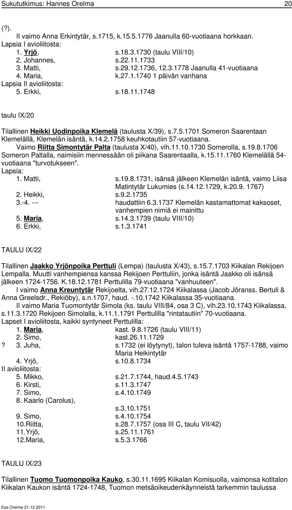 1748 taulu IX/20 Tilallinen Heikki Uodinpoika Klemelä (taulusta X/39), s.7.5.1701 Someron Saarentaan Klemelällä, Klemelän isäntä, k.14.2.1758 keuhkotautiin 57-vuotiaana.