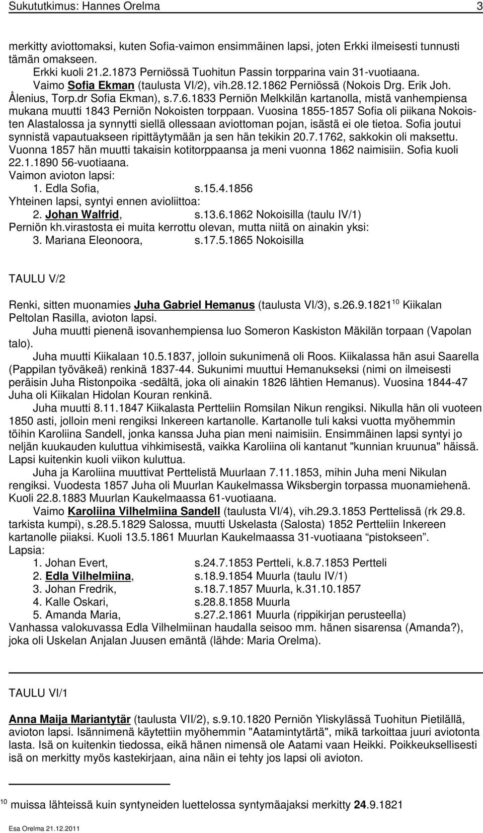 Perniössä (Nokois Drg. Erik Joh. Ålenius, Torp.dr Sofia Ekman), s.7.6.1833 Perniön Melkkilän kartanolla, mistä vanhempiensa mukana muutti 1843 Perniön Nokoisten torppaan.