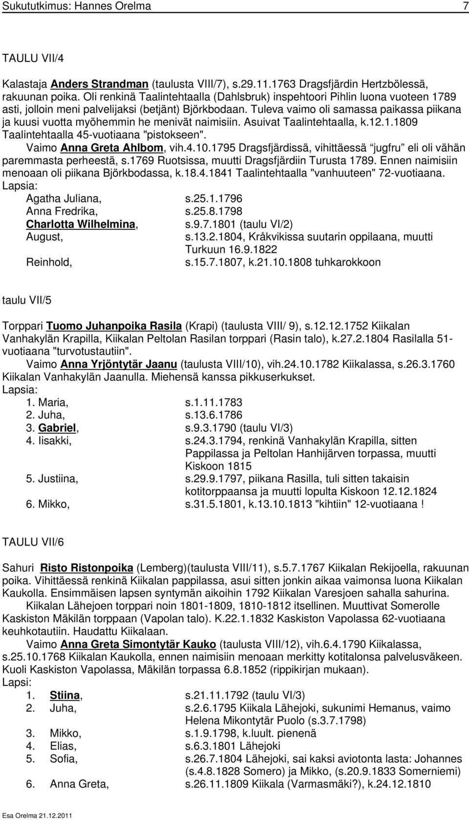 Tuleva vaimo oli samassa paikassa piikana ja kuusi vuotta myöhemmin he menivät naimisiin. Asuivat Taalintehtaalla, k.12.1.1809 Taalintehtaalla 45-vuotiaana "pistokseen". Vaimo Anna Greta Ahlbom, vih.