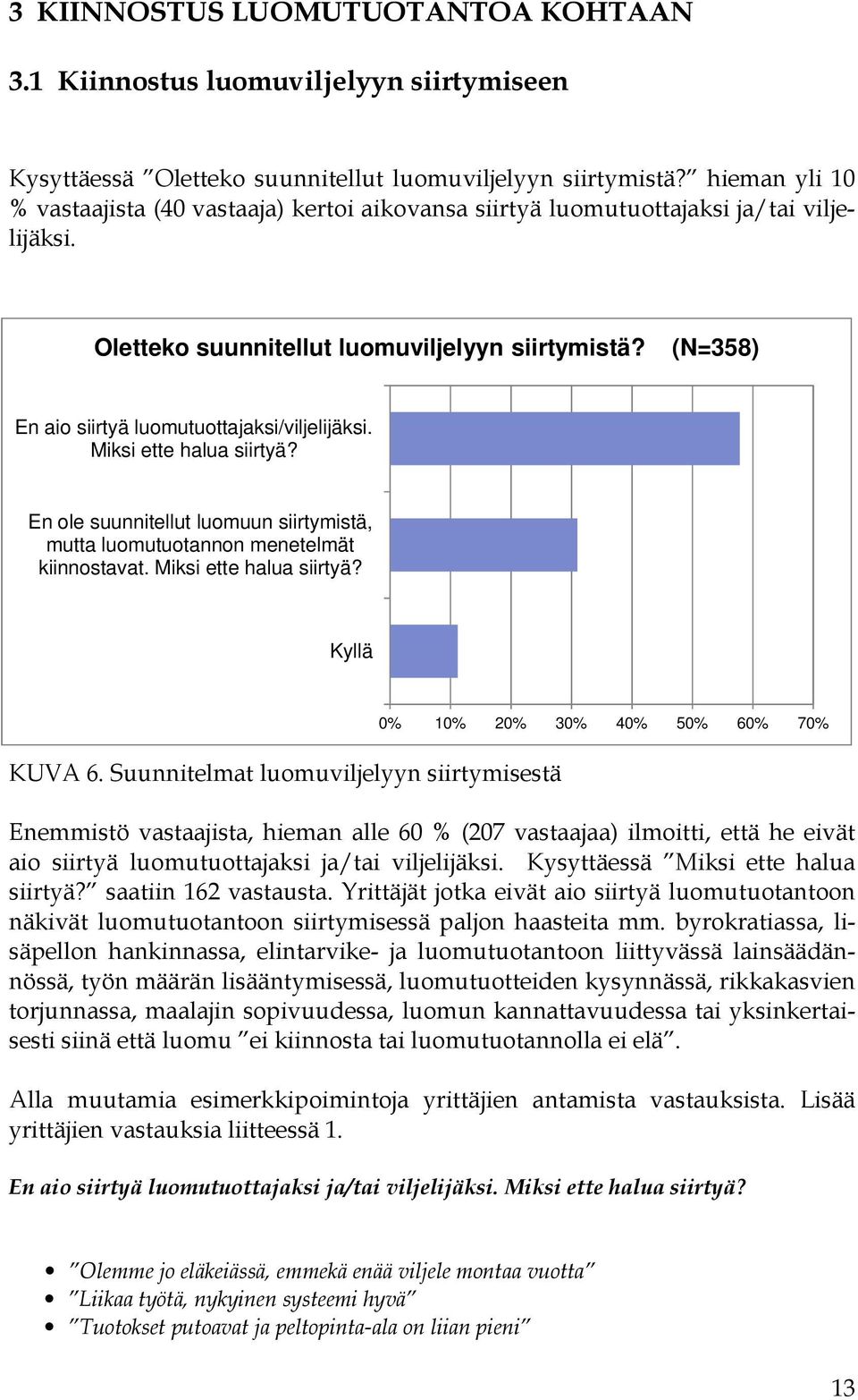 (N=358) En aio siirtyä luomutuottajaksi/viljelijäksi. Miksi ette halua siirtyä? En ole suunnitellut luomuun siirtymistä, mutta luomutuotannon menetelmät kiinnostavat. Miksi ette halua siirtyä? Kyllä KUVA 6.