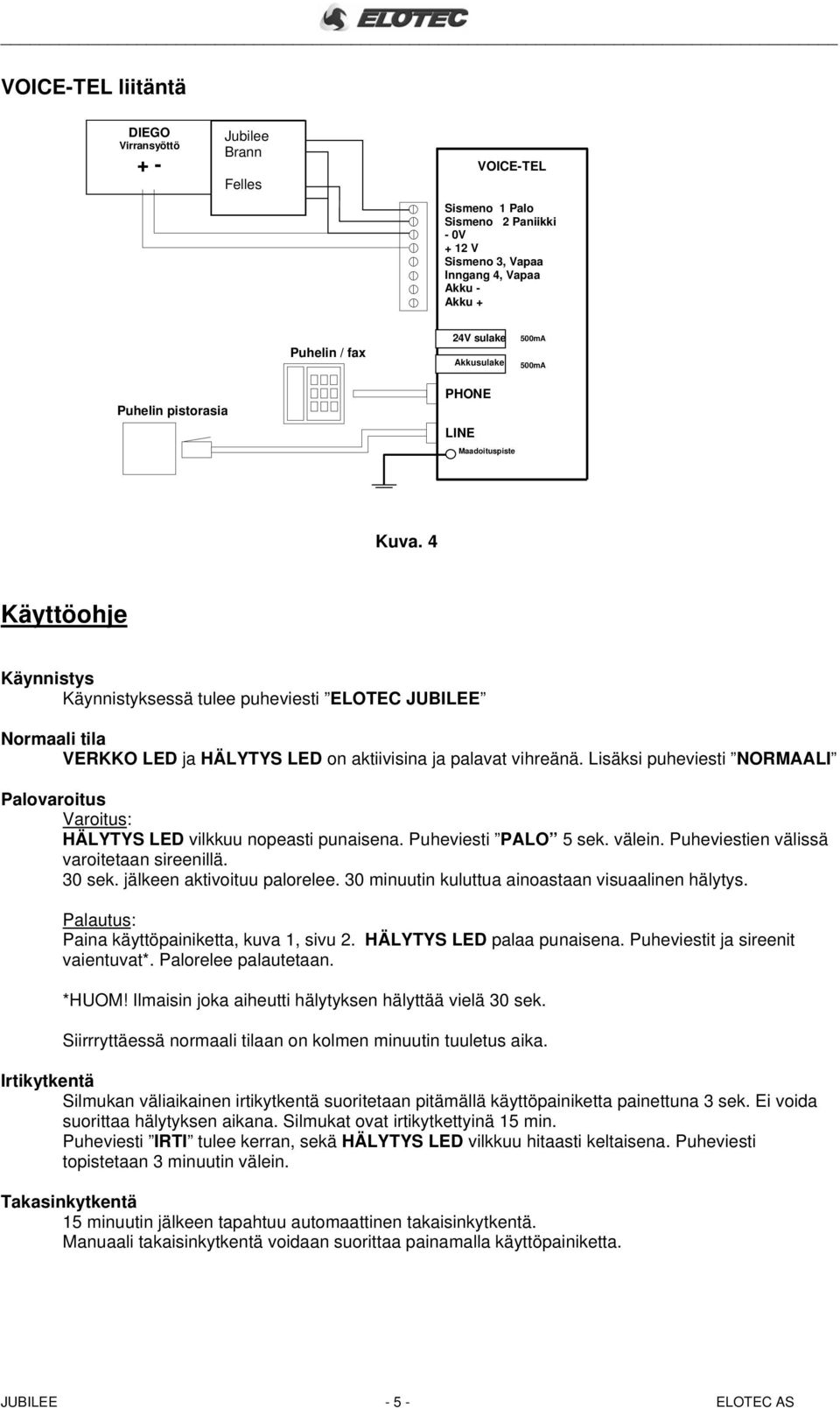 4 Käyttöohje Käynnistys Käynnistyksessä tulee puheviesti ELOTEC JUBILEE Normaali tila VERKKO LED ja HÄLYTYS LED on aktiivisina ja palavat vihreänä.