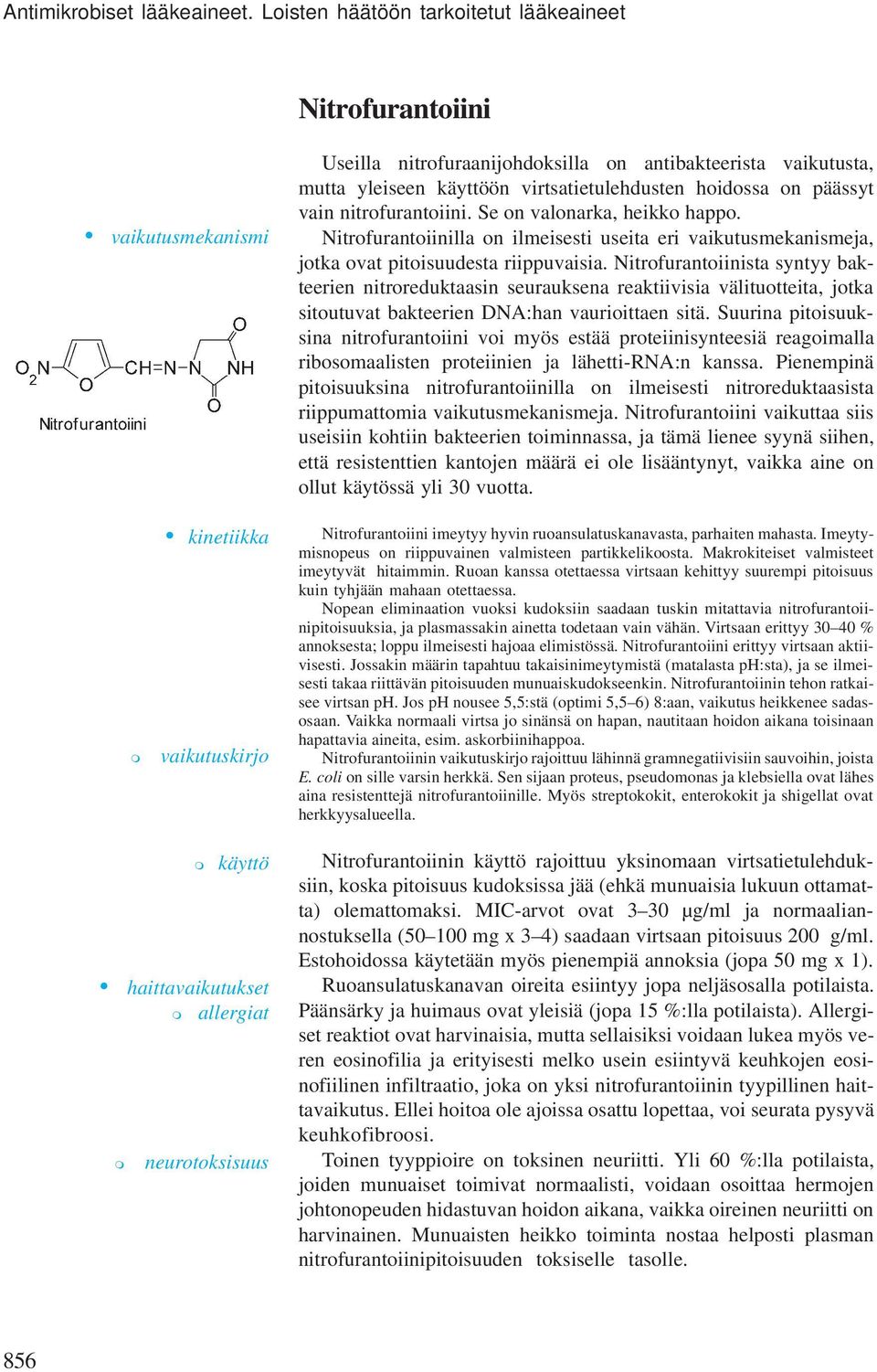 päässyt vain nitrofurantoiini. Se on valonarka, heikko happo. Nitrofurantoiinilla on ilmeisesti useita eri vaikutusmekanismeja, jotka ovat pitoisuudesta riippuvaisia.