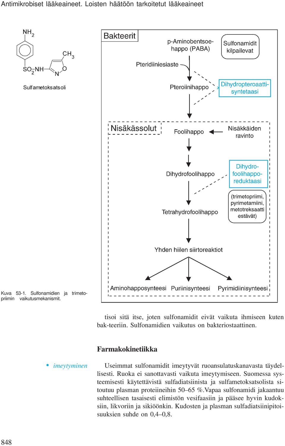 Farmakokinetiikka imeytyminen Useimmat sulfonamidit imeytyvät ruoansulatuskanavasta täydellisesti. Ruoka ei sanottavasti vaikuta imeytymiseen.