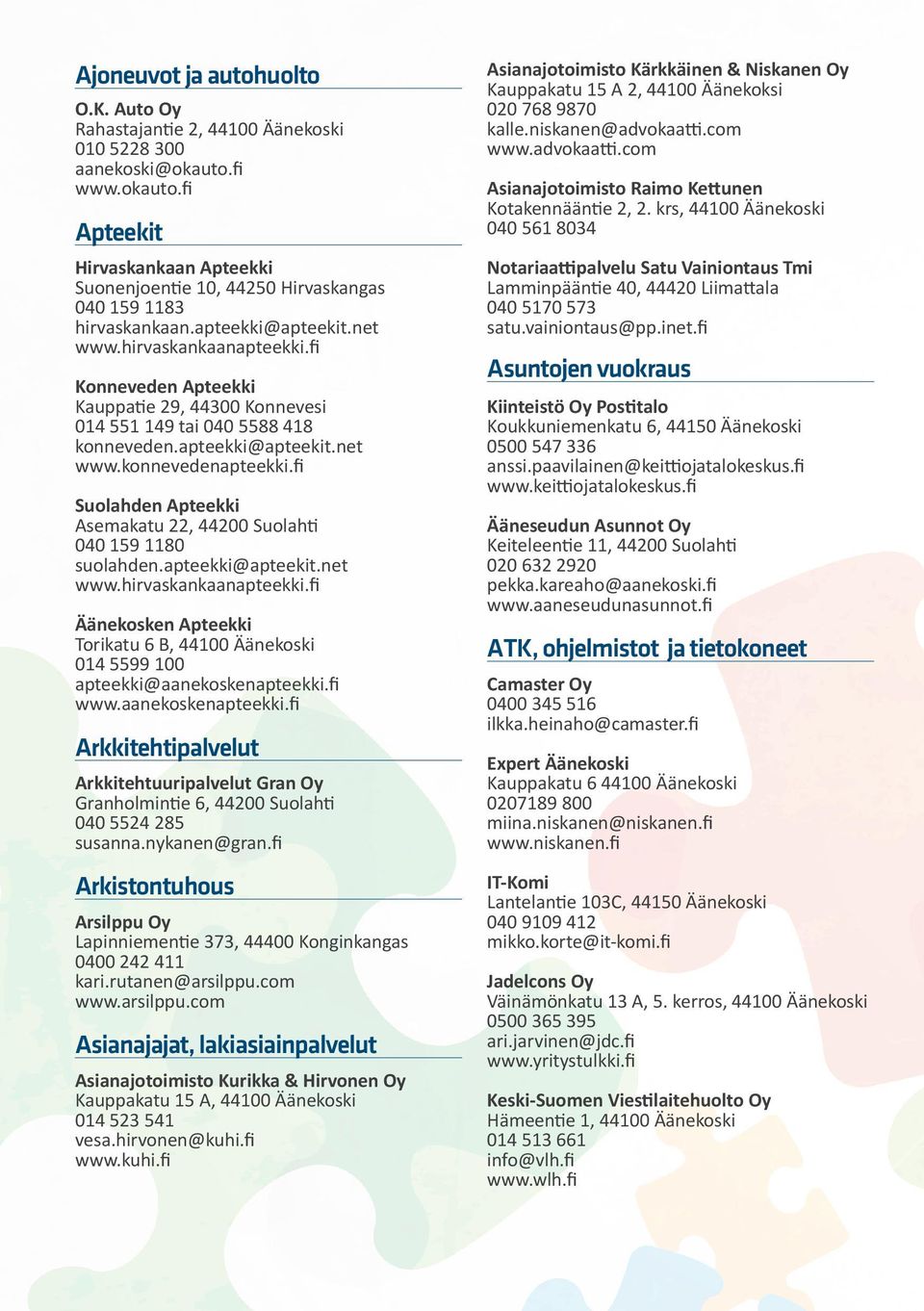 fi Suolahden Apteekki Asemakatu, 00 Suolahti 00 0 suolahden.apteekki@apteekit.net www.hirvaskankaanapteekki.fi Äänekosken Apteekki Torikatu B, 00 Äänekoski 0 00 apteekki@aanekoskenapteekki.fi www.