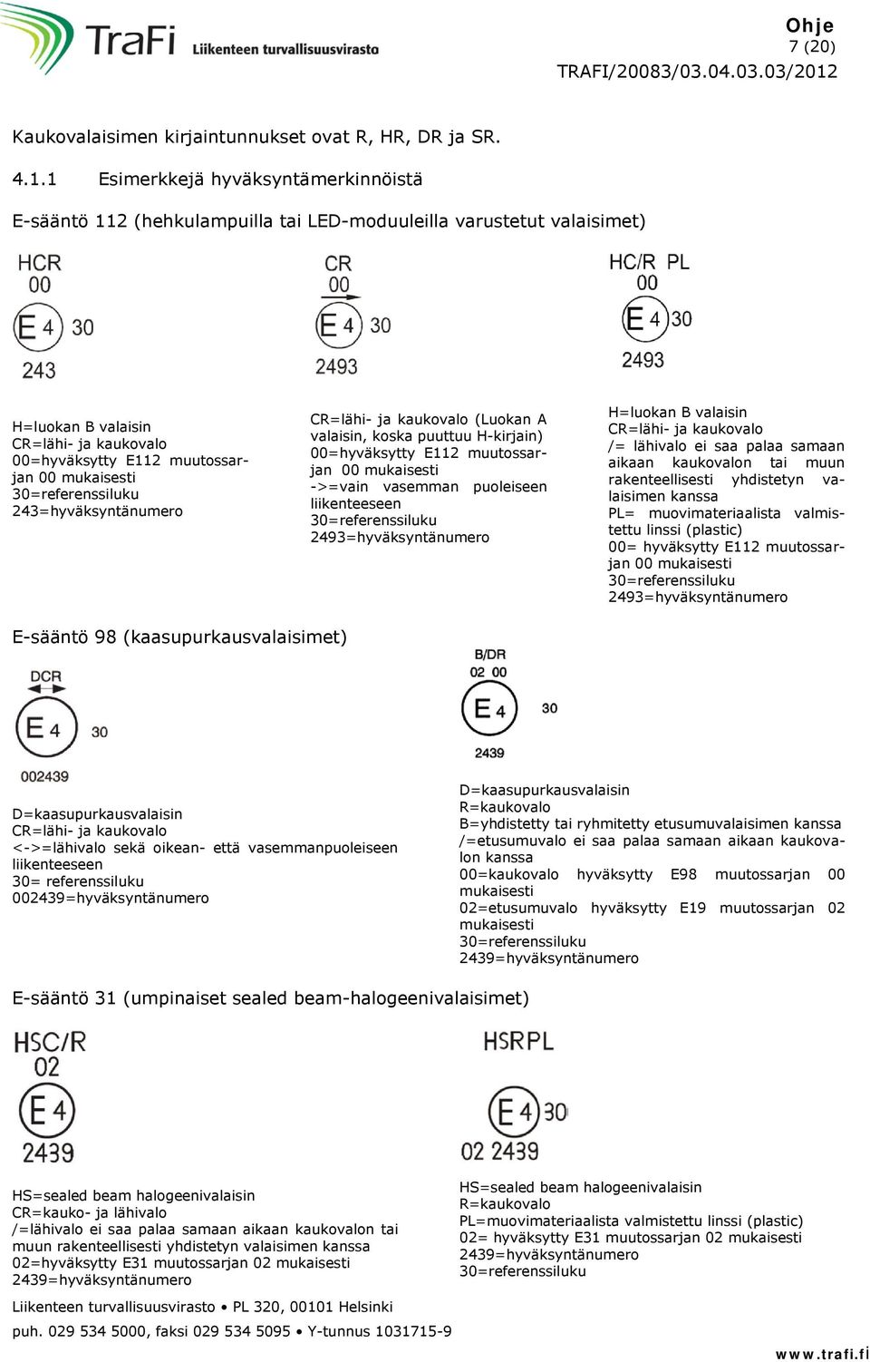 30=referenssiluku 243=hyväksyntänumero CR=lähi- ja kaukovalo (Luokan A valaisin, koska puuttuu H-kirjain) 00=hyväksytty E112 muutossarjan 00 mukaisesti ->=vain vasemman puoleiseen liikenteeseen