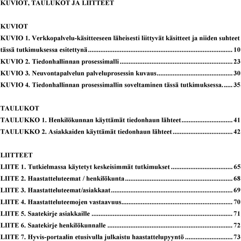 Henkilökunnan käyttämät tiedonhaun lähteet... 41 TAULUKKO 2. Asiakkaiden käyttämät tiedonhaun lähteet... 42 LIITTEET LIITE 1. Tutkielmassa käytetyt keskeisimmät tutkimukset... 65 LIITE 2.