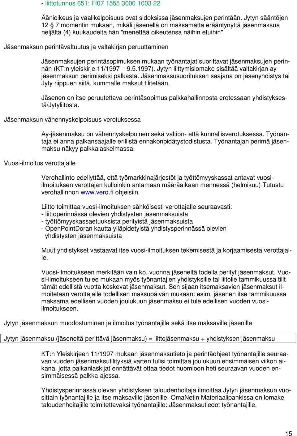 Jäsenmaksun perintävaltuutus ja valtakirjan peruuttaminen Jäsenmaksujen perintäsopimuksen mukaan työnantajat suorittavat jäsenmaksujen perinnän (KT:n yleiskirje 11/1997 9.5.1997).