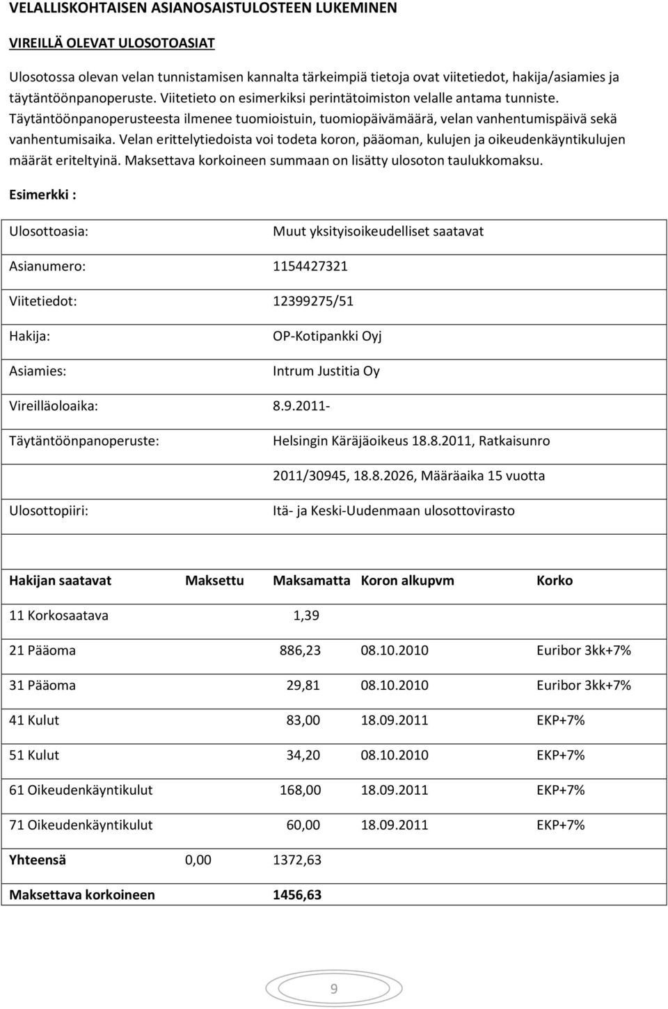 Täytäntöönpanoperusteesta ilmenee tuomioistuin, tuomiopäivämäärä, velan vanhentumispäivä sekä vanhentumisaika.