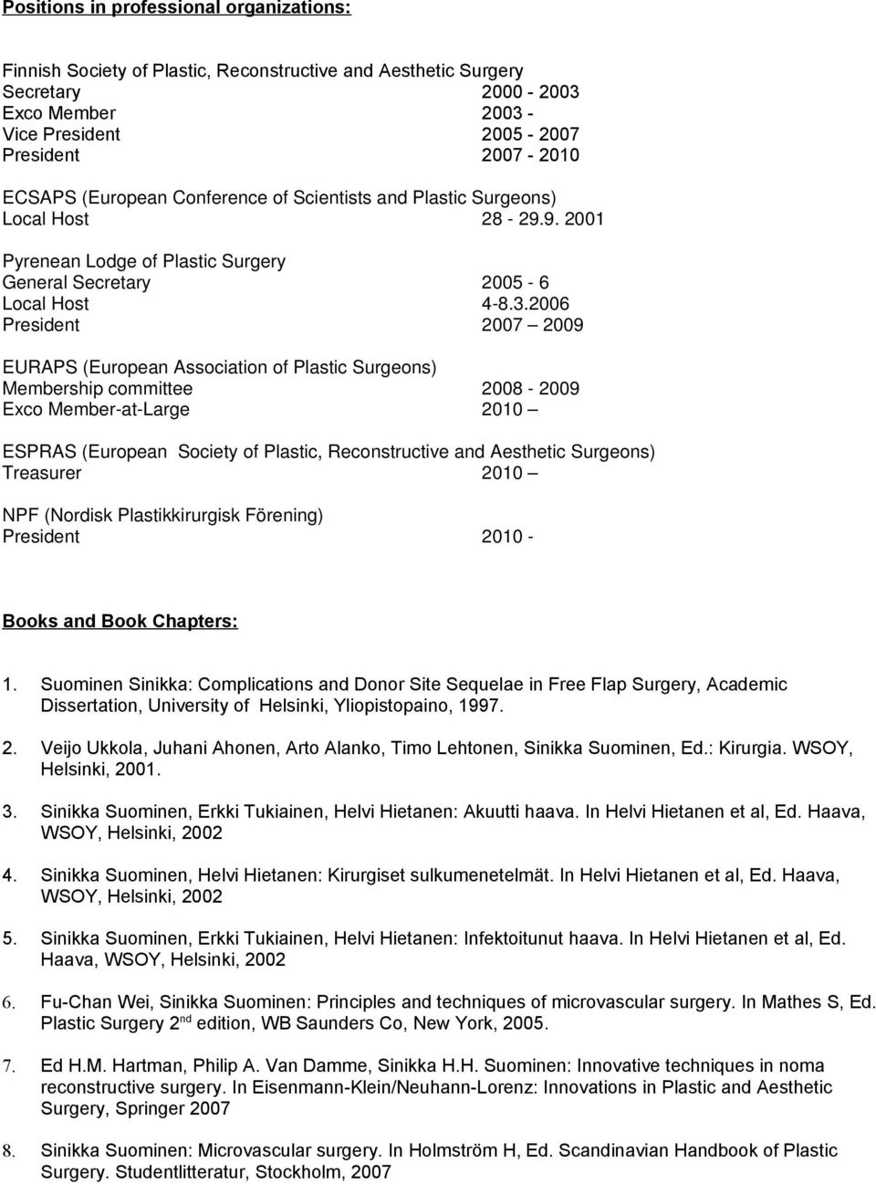 2006 President 2007 2009 EURAPS (European Association of Plastic Surgeons) Membership committee 2008-2009 Exco Member-at-Large 2010 ESPRAS (European Society of Plastic, Reconstructive and Aesthetic