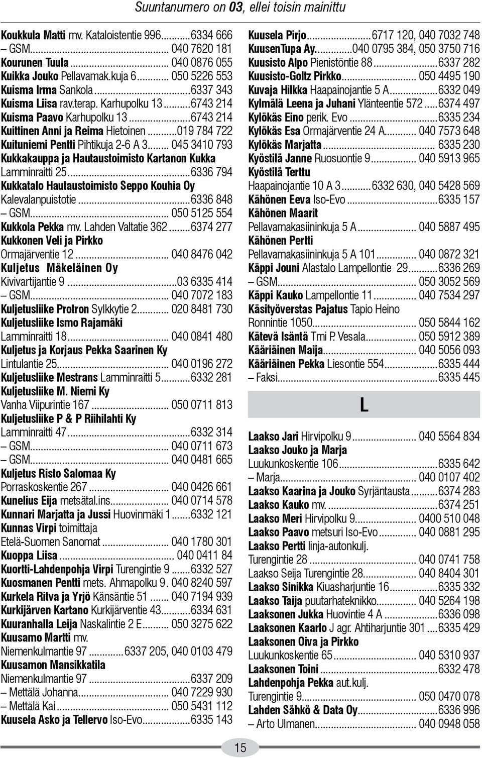 ..019 784 722 Kuituniemi Pentti Pihtikuja 2-6 A 3... 045 3410 793 Kukkakauppa ja Hautaustoimisto Kartanon Kukka Lamminraitti 25...6336 794 Kukkatalo Hautaustoimisto Seppo Kouhia Oy Kalevalanpuistotie.