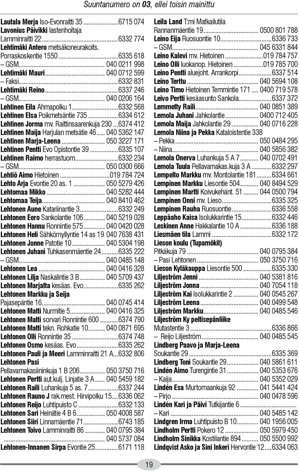 ..6332 568 Lehtinen Elsa Poikmetsäntie 735...6334 612 Lehtinen Jorma mv. Raittinsaarenkuja 230...6374 412 Lehtinen Maija Harjulan metsätie 46... 040 5362 147 Lehtinen Marja-Leena.