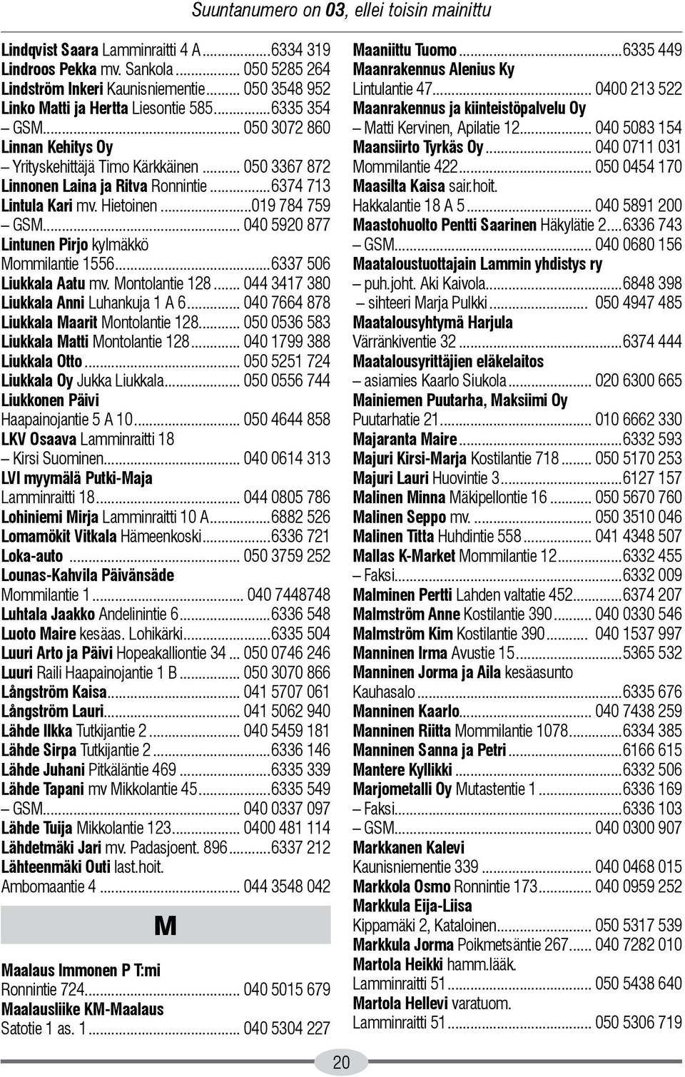 ..6374 713 Lintula Kari mv. Hietoinen...019 784 759 GSM... 040 5920 877 Lintunen Pirjo kylmäkkö Mommilantie 1556...6337 506 Liukkala Aatu mv. Montolantie 128.