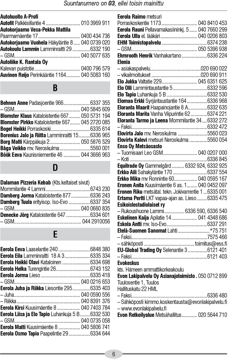 .. 040 5083 160 B Behnen Anne Padasjoentie 966...6337 355 GSM... 040 5845 609 Blomster Klaus Kataloistentie 667... 050 5731 194 Blomster Pirkko Kataloistentie 667.