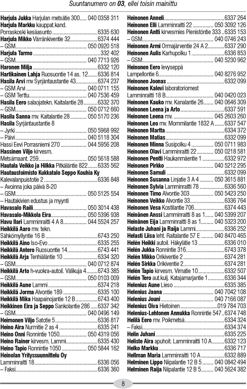 ..6374 237 GSM Arvi... 040 0711 155 GSM Terttu... 040 7536 459 Hasila Eero salaojatekn. Kaitalantie 28...6332 370 GSM... 050 0712 660 Hasila Sanna mv. Kaitalantie 28... 050 5170 236 Hasila Syrjäntaustantie 8 Jyrki.