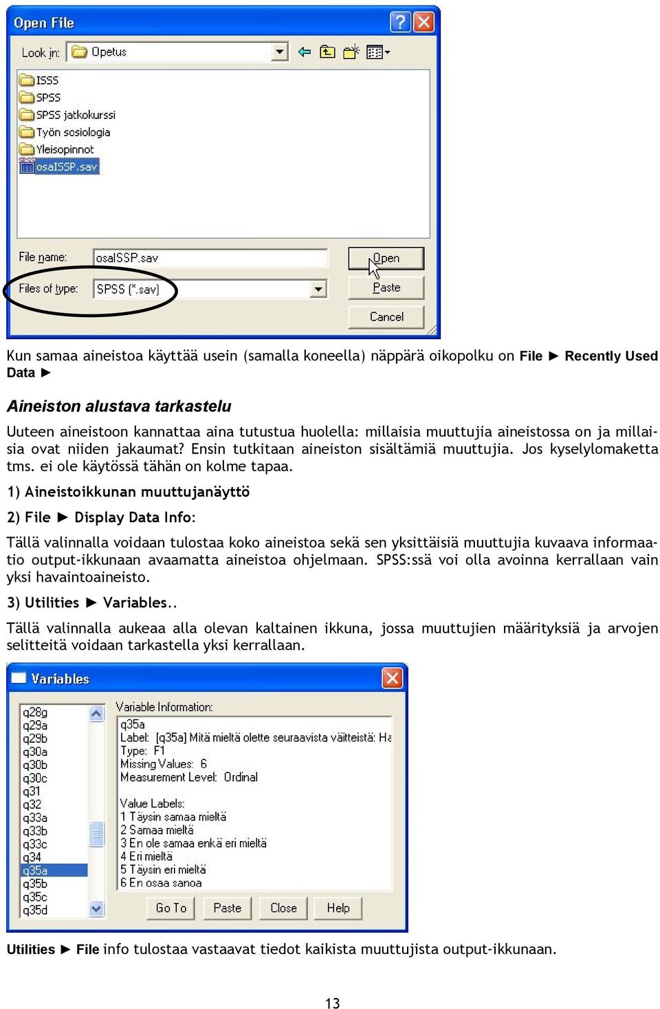 1) Aineistoikkunan muuttujanäyttö 2) File Display Data Info: Tällä valinnalla voidaan tulostaa koko aineistoa sekä sen yksittäisiä muuttujia kuvaava informaatio output-ikkunaan avaamatta aineistoa