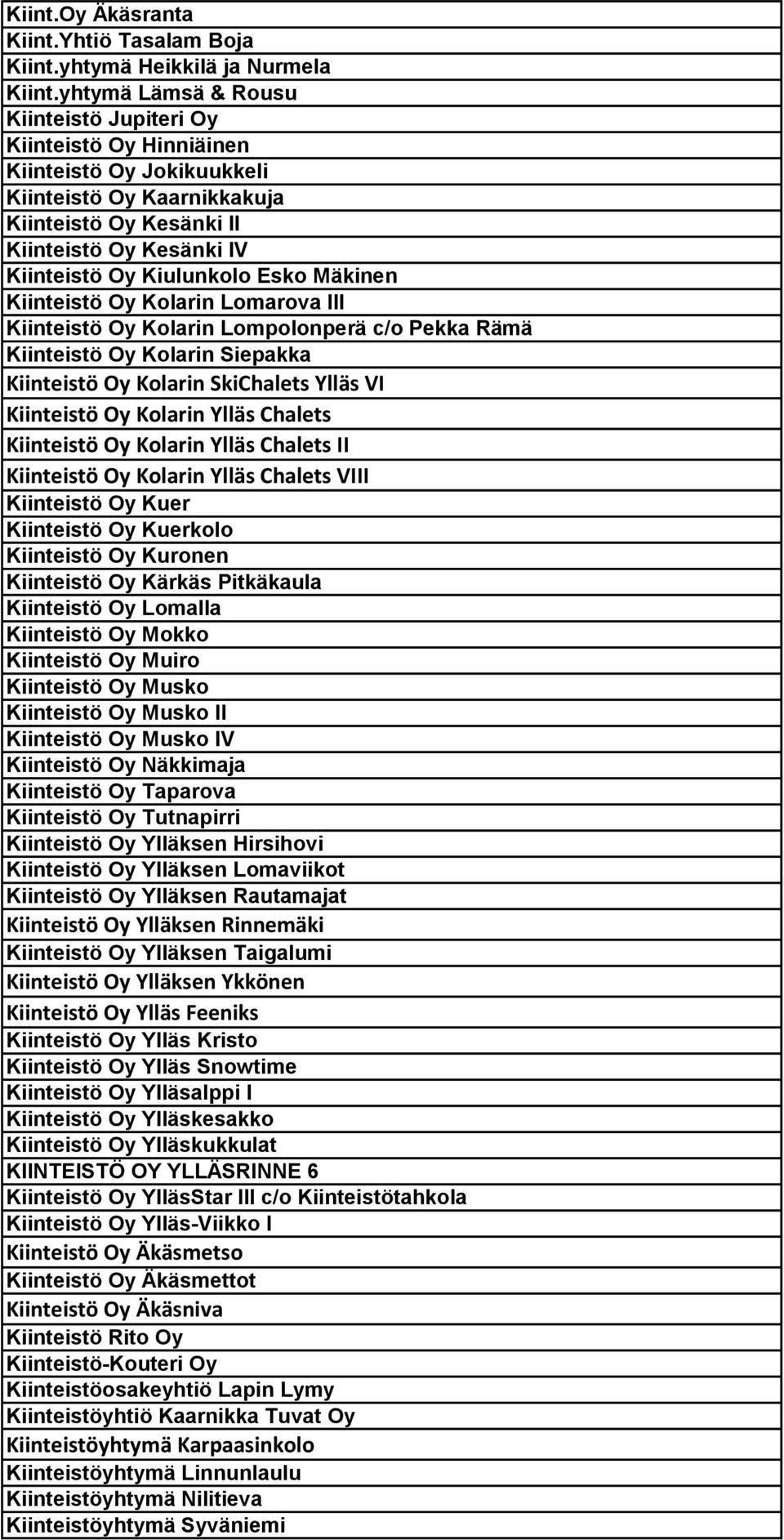 Esko Mäkinen Kiinteistö Oy Kolarin Lomarova III Kiinteistö Oy Kolarin Lompolonperä c/o Pekka Rämä Kiinteistö Oy Kolarin Siepakka Kiinteistö Oy Kolarin SkiChalets Ylläs VI Kiinteistö Oy Kolarin Ylläs