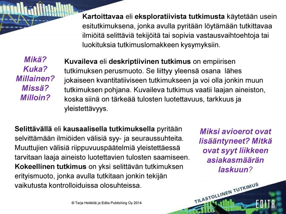 Se liittyy yleensä osana lähes jokaiseen kvantitatiiviseen tutkimukseen ja voi olla jonkin muun tutkimuksen pohjana.