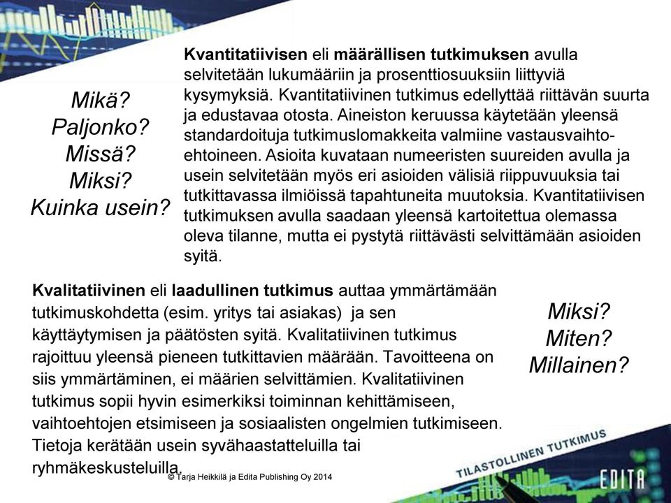 Asioita kuvataan numeeristen suureiden avulla ja usein selvitetään myös eri asioiden välisiä riippuvuuksia tai tutkittavassa ilmiöissä tapahtuneita muutoksia.