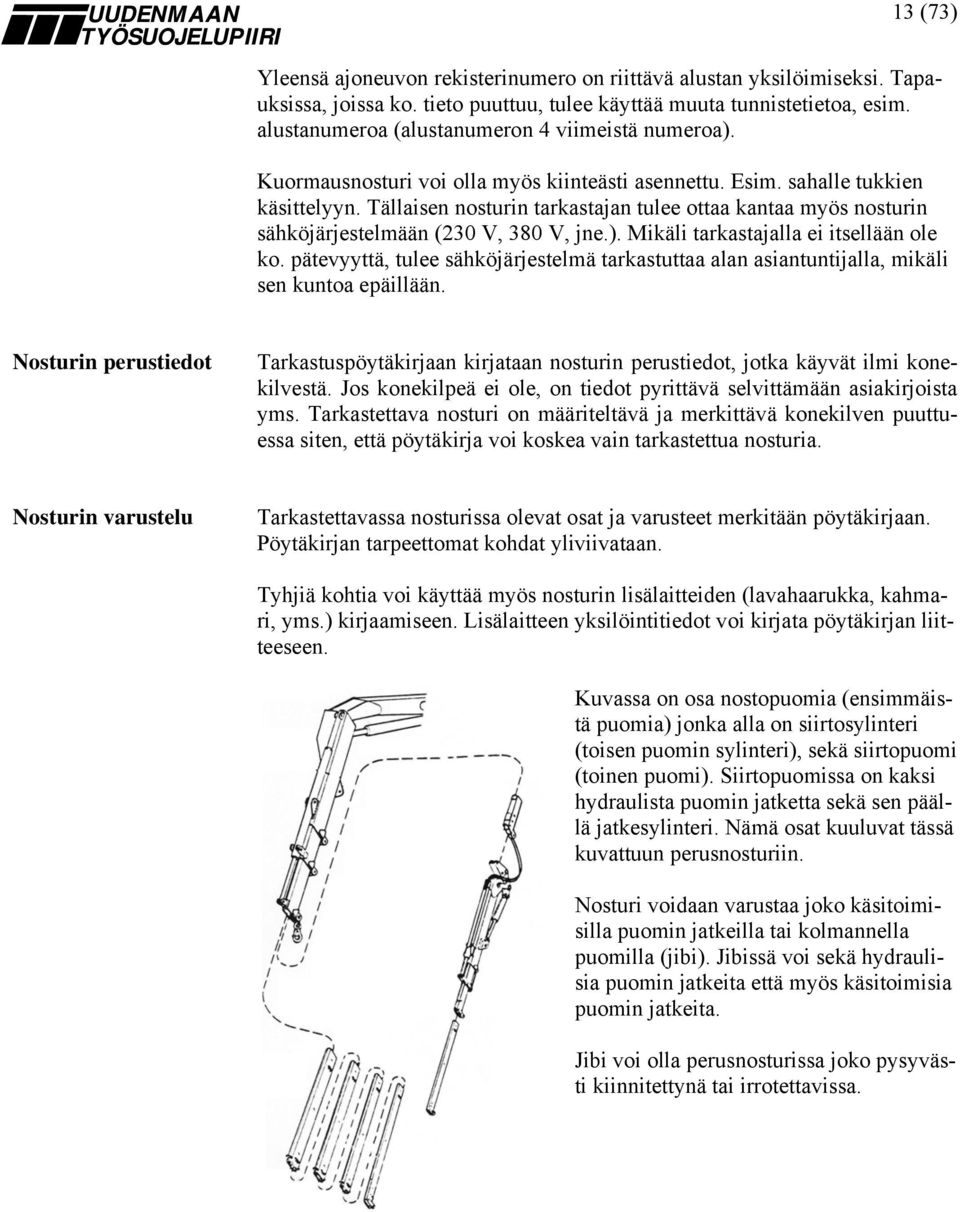 Tällaisen nosturin tarkastajan tulee ottaa kantaa myös nosturin sähköjärjestelmään (230 V, 380 V, jne.). Mikäli tarkastajalla ei itsellään ole ko.