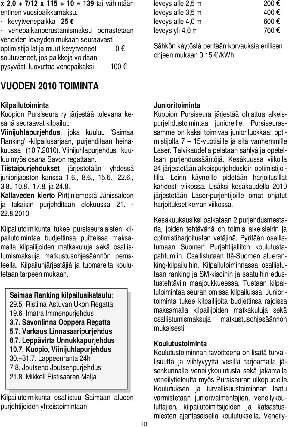 venepaikaksi 100 leveys alle 2,5 m 200 leveys alle 3,5 m 400 leveys alle 4,0 m 600 leveys yli 4,0 m 700 Sähkön käytöstä peritään korvauksia erillisen ohjeen mukaan 0,15 /kwh VUODEN 2010 TOIMINTA