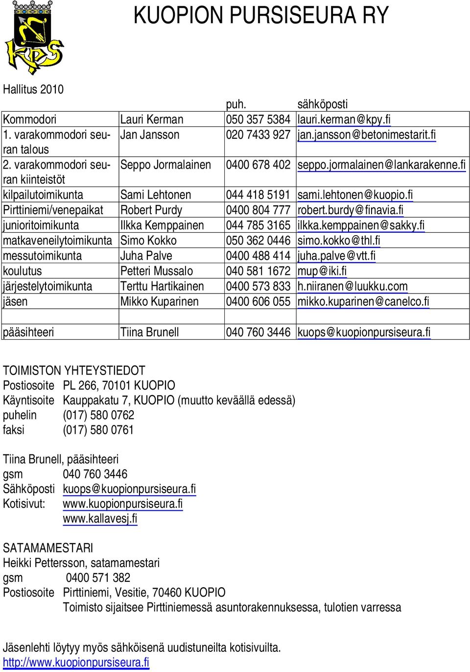 fi Pirttiniemi/venepaikat Robert Purdy 0400 804 777 robert.burdy@finavia.fi junioritoimikunta Ilkka Kemppainen 044 785 3165 ilkka.kemppainen@sakky.