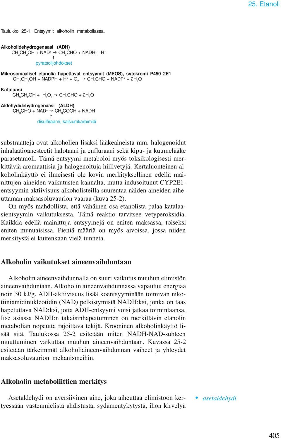 g CH 3 CHO + NADP+ + 2H 2 O Katalaasi CH 3 CH 2 OH + H 2 O 2 g CH 3 CHO + 2H 2 O Aldehydidehydrogenaasi (ALDH) CH 3 CHO + NAD + g CH 3 COOH + NADH h disulfiraai, kalsiukarbiidi substraatteja ovat