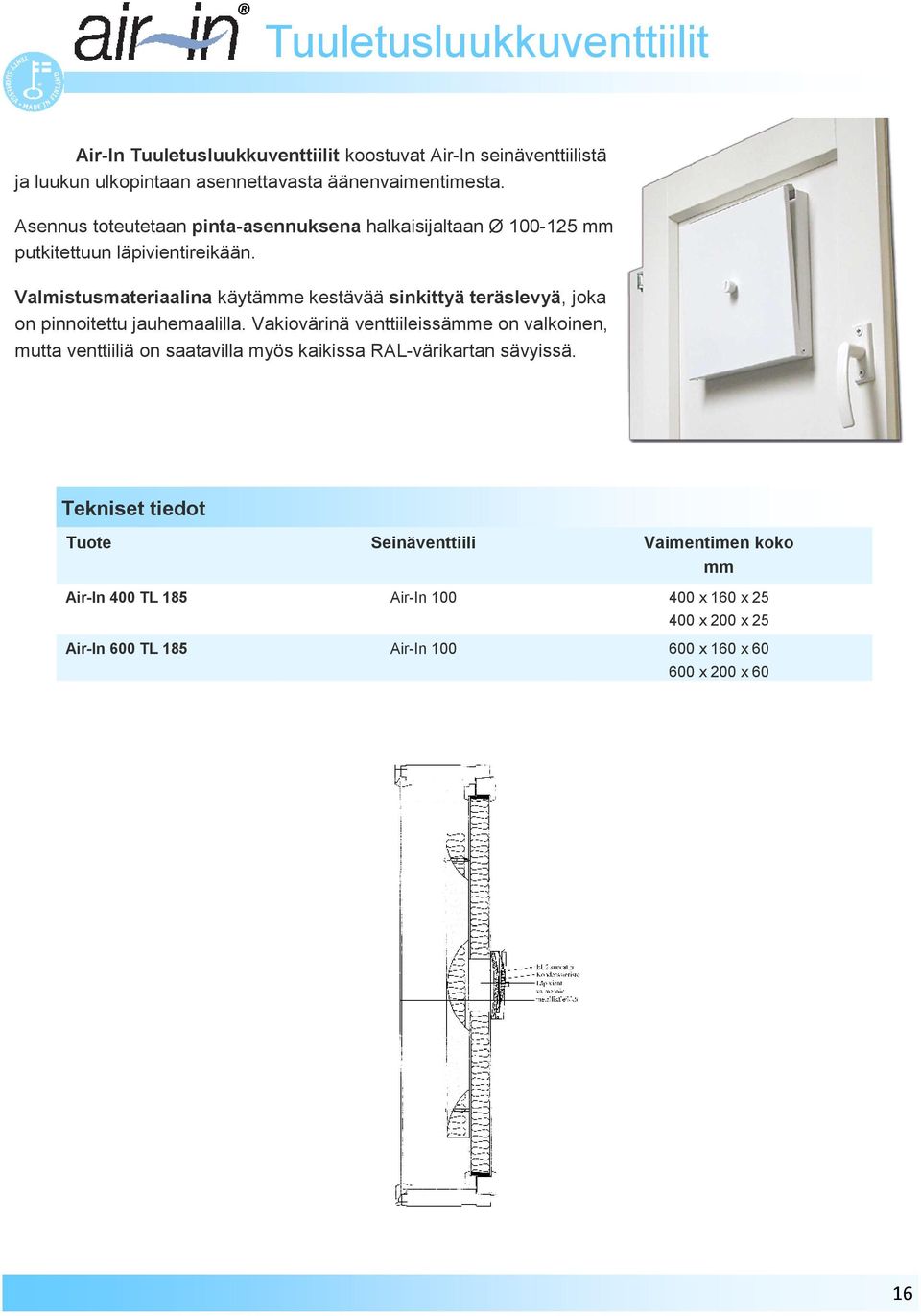 Valmistusmateriaalina käytämme kestävää sinkittyä teräslevyä, joka on pinnoitettu jauhemaalilla.
