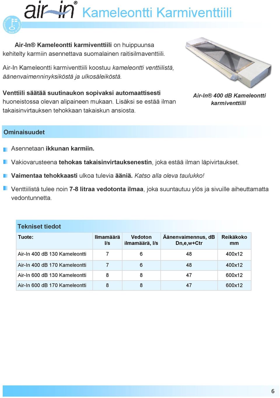 Venttiili säätää suutinaukon sopivaksi automaattisesti huoneistossa olevan alipaineen mukaan. Lisäksi se estää ilman takaisinvirtauksen tehokkaan takaiskun ansiosta.