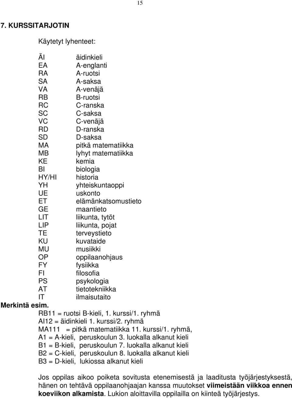 musiikki OP oppilaanohjaus FY fysiikka FI filosofia PS psykologia AT tietotekniikka IT ilmaisutaito Merkintä esim. RB11 = ruotsi B-kieli, 1. kurssi/1. ryhmä AI12 = äidinkieli 1. kurssi/2.