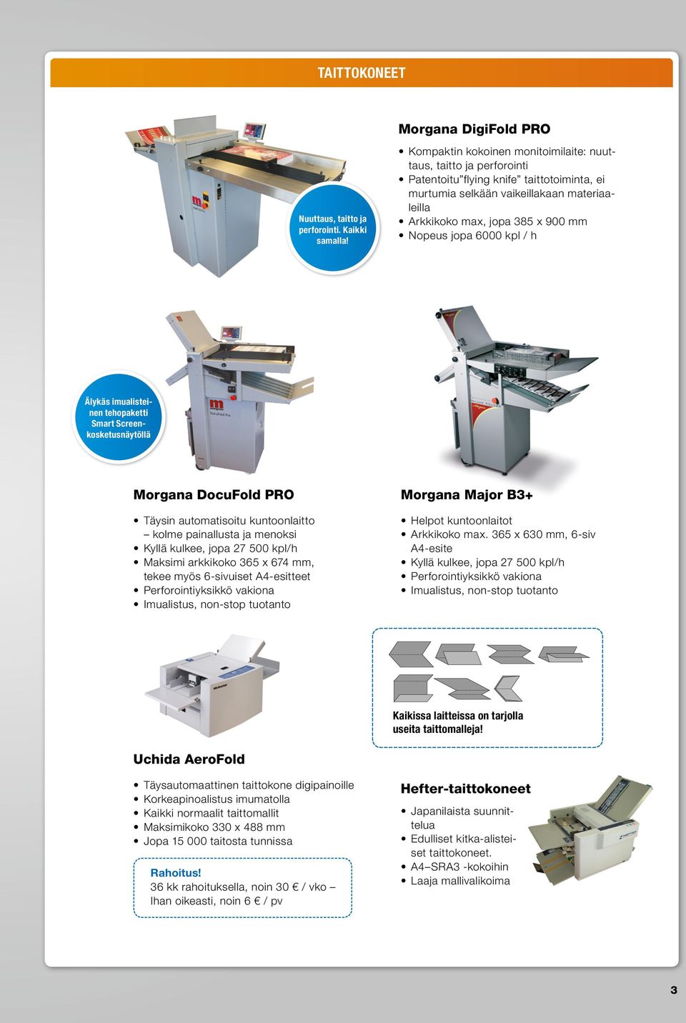 jopa 6000 kpl / h Älykäs imualisteinen tehopaketti Smart Screenkosketusnäytöllä Morgana DocuFold PRO Täysin automatisoitu kuntoonlaitto kolme painallusta ja menoksi Kyllä kulkee, jopa 27 500 kpl/h