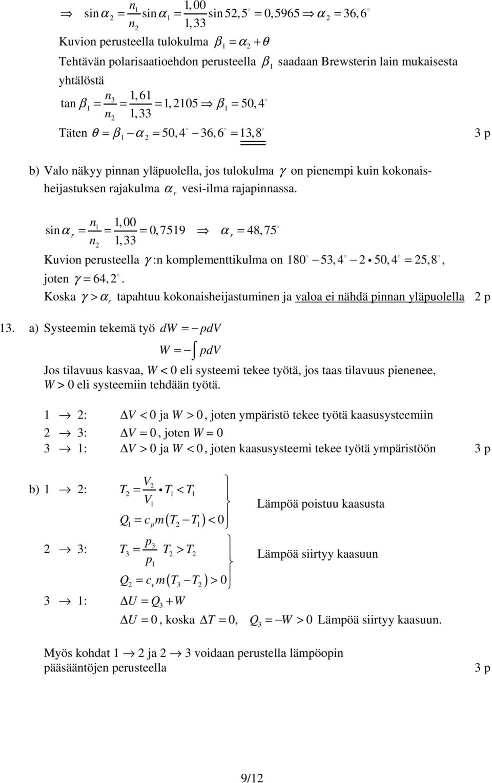 n, 00 inα r = = = 0,759 α r = 48,75 n, 33 Kuvin peruteella γ :n kpleenttikula n 80 53,4 g 50,4 = 5,8, jten γ = 64,. Kka γ > α tapahtuu kknaiheijatuinen ja vala ei nähdä pinnan yläpulella p r 3.