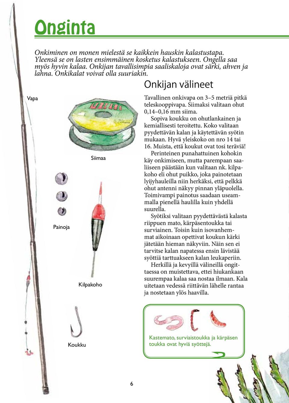 Siimaksi valitaan ohut 0,14 0,16 mm siima. Sopiva koukku on ohutlankainen ja kemiallisesti teroitettu. Koko valitaan pyydettävän kalan ja käytettävän syötin mukaan. Hyvä yleiskoko on nro 14 tai 16.