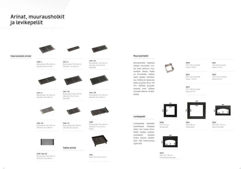 Luukut eivät tahriinnu muu- 5620 130 x 130 mm luukulle Syvyys: 142 mm 5621 130 x 65 mm luukulle Syvyys: 142 mm raustyön aikana, koska ne kiinnitetään holkkiin vasta tulisijan valmistuttua.