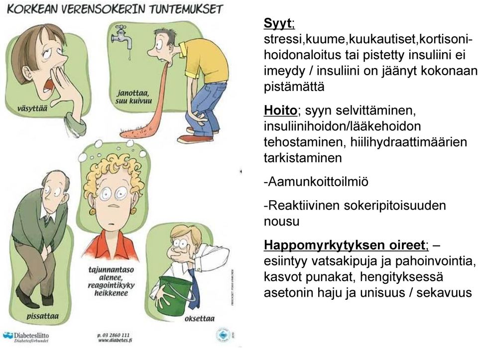 hiilihydraattimäärien tarkistaminen -Aamunkoittoilmiö -Reaktiivinen sokeripitoisuuden nousu