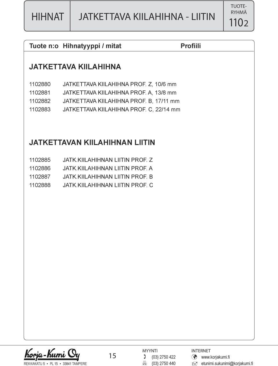 B, 17/11 mm 112883 JATKETTAVA KIILAHIHNA PROF. C, 22/14 mm JATKETTAVAN KIILAHIHNAN LIITIN 112885 JATK.